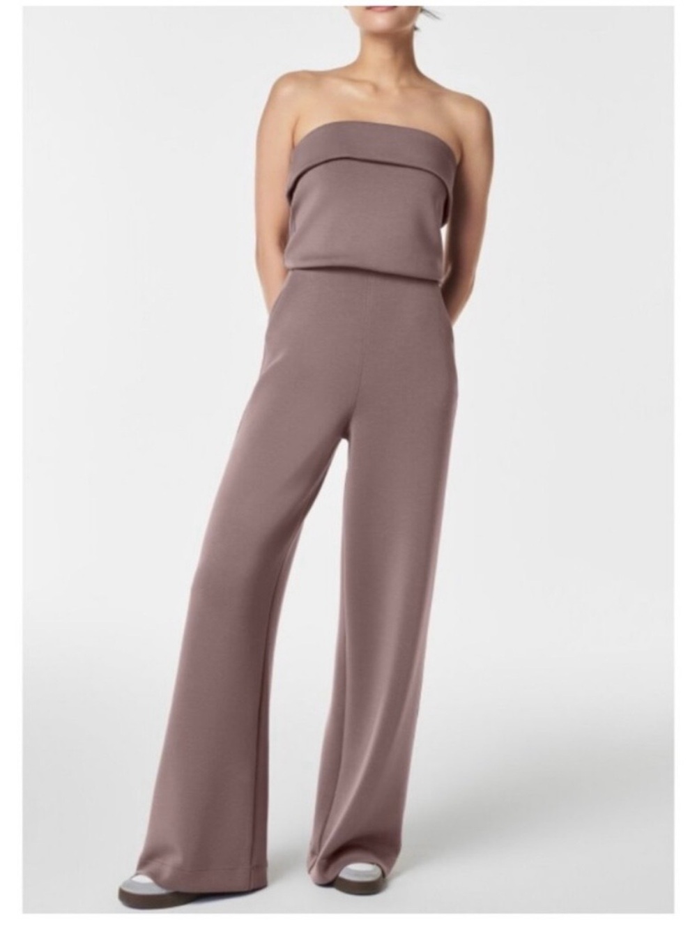 SPANX air essentials strapless jumpsuit smoke beige wide leg travel 50771R sz XL